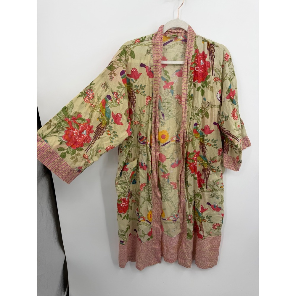 Handprint Floral Bird Kimono Robe Womens Uni Size Green Pink Cotton India Boho